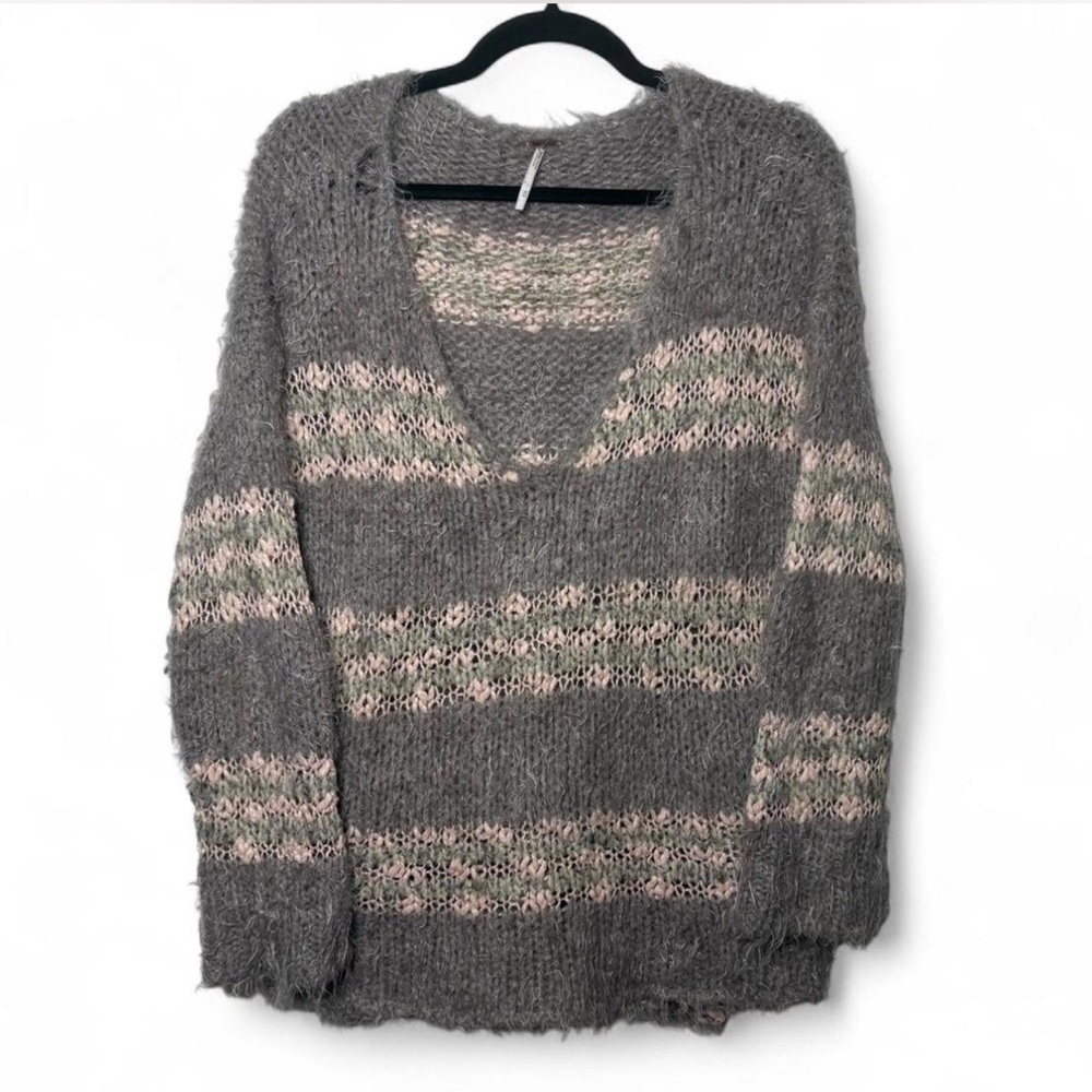 Free People Oversized Knit Sweater Medium Gray Green Cream Cottagecore